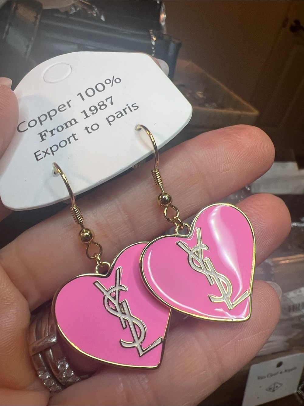 Pink Heart Drop Earrings with Gold Accents